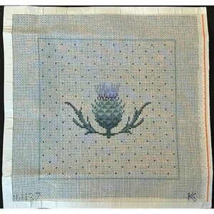 Hand Painted Needlepoint Canvas Thistle Floral Design Signed KK 8x8